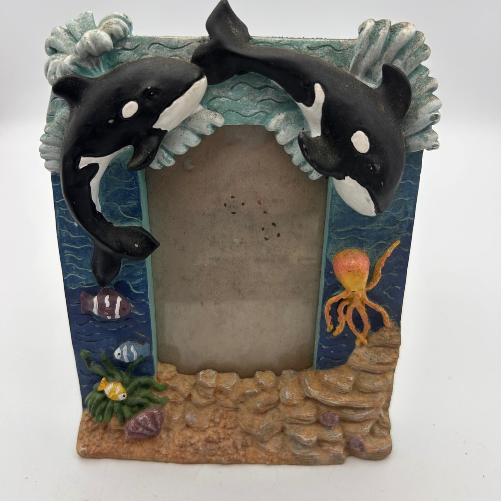 Orca Whale Octopus Ocean Life 3D Resin Picture Frame Nautical Coastal Decor Blue